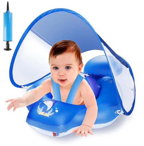 Bouée de Natation pour bébé avec auvent Solaire UPF50+, Flotteur pour bébé Parner, Aide à la Natation pour Enfants de 3 à 36 Mois, Bleu (S)