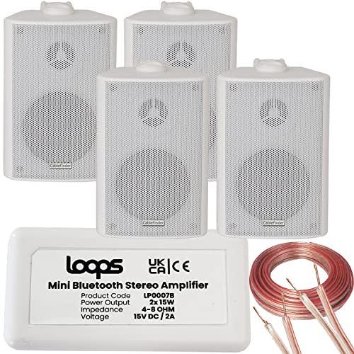 Loops Wireless/Bluetooth Amplifier & 4x 60W White Wall Mounted Speaker Kit –HiFi Active Amp – Stream Audio Quality Background Music Home System