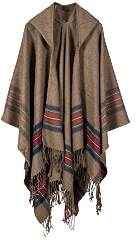 DAIHAN Élégant Poncho Cape à Capuche Tartan Style Rétro Poncho pour Femme Homme Pélerine Tricoté avec Frange Chaud Manteau par Laine Artificiel Épais chaud A-Stil