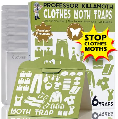 Professor Killamoth Industrial Strength Clothes Moth Traps – Safe, Non-Toxic Closet Moth Prevention for Clothes & Wool – Pheromone Traps for House & Wardrobe Protection – 6 Pack