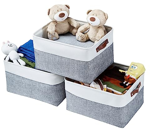 Mangata Set di cestini portaoggetti pieghevoli, accessori per guardaroba, scatole di immagazzinaggio in tessuto di grandi dimensioni per vestiti, giocattoli, biancheria (Grigio&Bianco, 41*31*25 CM)