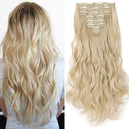 SEGO Clip in Extensions Haarverlängerung Haarteil 8 Tressen wie Echthaar gewellt Gebleichtes Blond 24(61cm)
