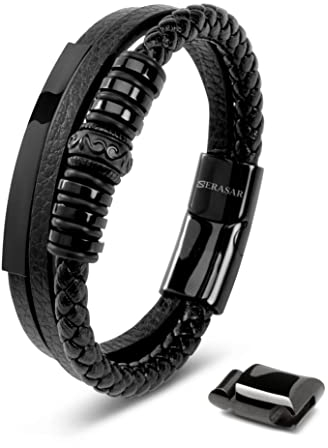 SERASAR Herrenarmband Leder 23cm Schwarz Männer Armband Armreif Herren Lederband Herrenarmreif Armschmuck Schmuck Armkette Flecht Wickelarmband Kette