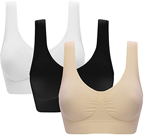 Jamron Dam 3 Pack Sömlös Trådlös Komfort Vardagliga Bralettes Sport Yoga Sömn BH med Avtagbara Kuddar Svart + Vit + Beige 4XL