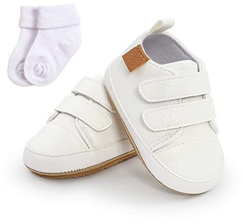 Baby Girls Boys Sneakers Toddler Infant Anti-Slip First Walking Shoes for 6-12 Months with Sock White