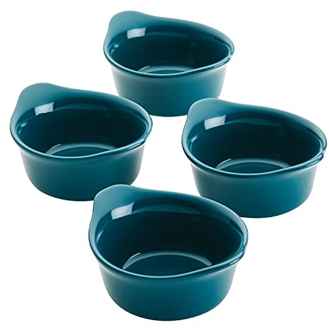 Rachael Ray Solid Glaze Ceramics Round Ramekins/Dipping Cup Set, 4 Piece, Teal