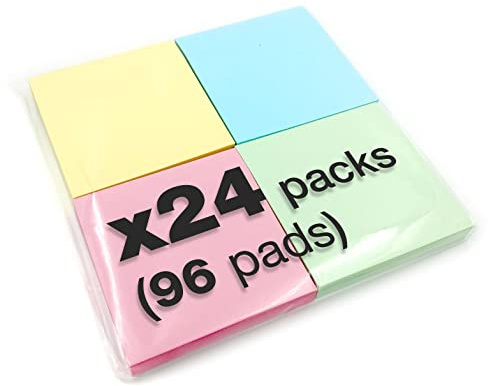 24 x 400 Quality Pastel Colours Removable Sticky Notes 76x76mm 96 Pads of 100 Sheets - Blue, Pink, Green, Yellow