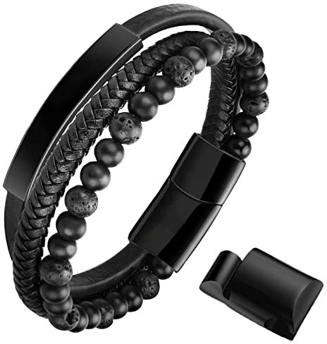Armband Herren Perlen Lederarmband Herren Schwarz - Naturstein Lava Geflochten Männer Armband - Bracelet Men mit Magnetverschluss - Leder Wickelarmband Geschenk für Männer