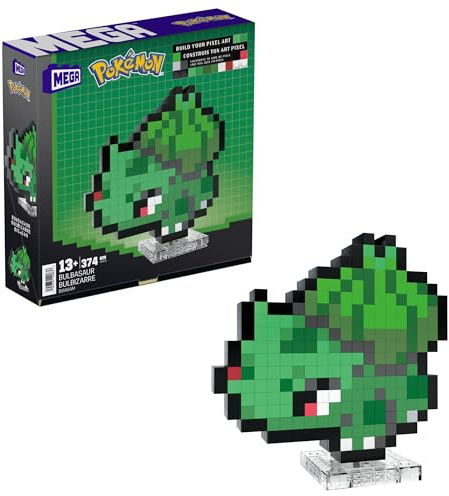 MEGA Pokémon-byggset med actionfigur, Bulbasaur med 374 delar och pixlad retrostil, bords- eller väggdekor, bygga och visa upp-leksak för samlare, HTH75