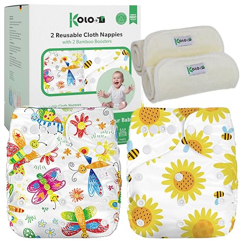 Kolo – Set 2 Pannolini Lavabili Riutilizzabili per Neonati e Bambini + 2 Inserti Assorbenti in Bambù | Taglia Regolabile, Unisex, 100% Ecologici | Fantasia Bee&Butterfly