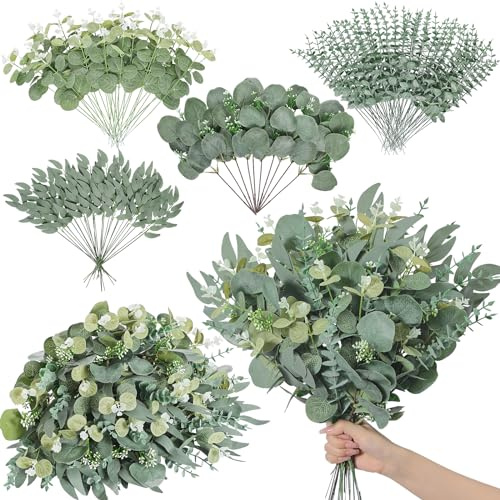 Serwalin 100pcs Artificial Mixed Eucalyptus Stems Leaves Bulk, 4Kinds Fake Greenery Silver Dollar Eucalyptus Leaves Picks,Faux Greenry Stems Sprays for DIY Bouquets Floral Arrangement Home Decor