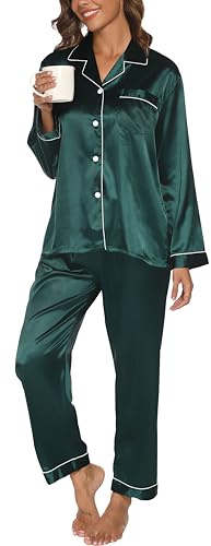 Reliwel Ensemble de pyjama en satin de soie à manches longues pour femmes, pyjama boutonné en soie de deux pièces pour femmes, vêtements de nuit décontractés pour le printemps et l'été, Vert, M