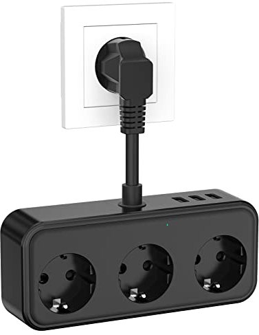 Steckdosenleiste mit USB, 4 Steckdosen und 3 USB (5 V/3,1 A) Elektrische Steckdosenleiste, 7-in-1-Steckdosenadapter, für Büro, Zuhause, unterwegs, schwarz