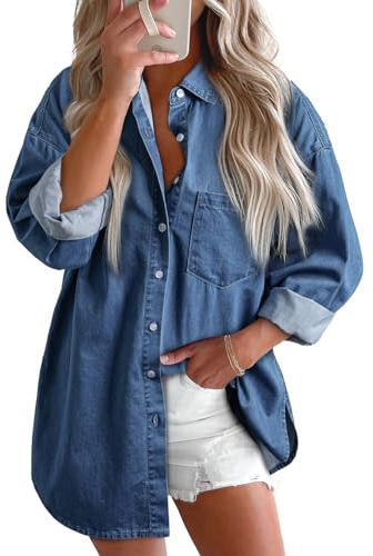 Astylish Ladies Denim Shirts for Women Trendy V Neck Button Down Long Sleeve Blouse Loose Fit Camp Shirts Ashleigh Blue XX-Large