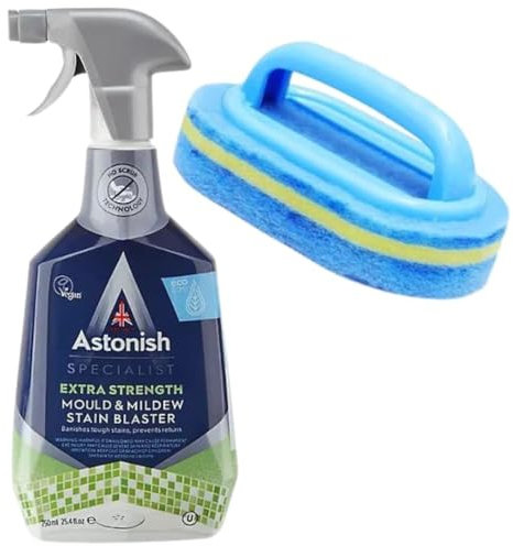 Astonish Specialist Extra Strength Mould & Mildew Stain Blaster Spray for Fast Mould Removal and prevention 750ml. Paired with large scrubbing sponge with handle. For walls, bath, shower, grout, tiles