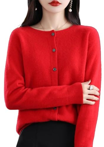 YuchiFa Maglioni Cardigan in Cashmere per Donna, Cardigan a Maniche Lunghe con Bottoni in Cashmere, Morbidi Maglioni Elastici in Maglia Calda, Maglione in Cashmere (Rosso,L)