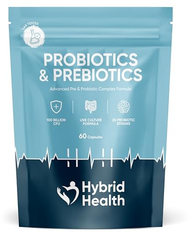 Hybrid Health Probiotics + Prebiotics Supplement - 100 Billion CFU Probiotics, 60 Vegan Capsules, 20 Probiotic Live Culture Strains, Probiotics for Women & Men