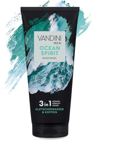 VANDINI MEN OCEAN SPIRIT 3i1 duschgel för män 200 ml | med glaciärvatten & Koffein - 3i1 herr duschgel för alla hudtyper - vegansk, utan parabener & silikoner, Tillverkad i