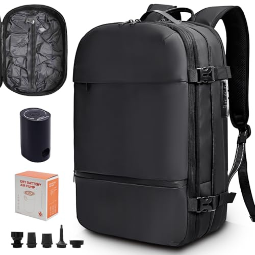KINGSLONG Vakuum Rucksack Laptop Handgepäck: Herren Reiserucksack Flugzeug 17 Zoll PC Wasserdicht Backpack 60L Erweiterbarer Vakuum Tasche mit Pumpe und Sperre für Travel Männer Business Schwarz