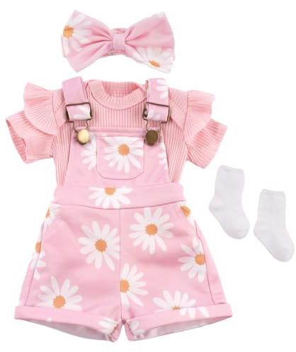 BABESIDE 4 Pcs Reborn Baby Doll Clothes for 17-22 Inch Babydolls, Cute Pink Flower Dolls Overalls Lifelike Reborn Baby Doll Accessories with Headband and Socks for Realistic Dolls Girl