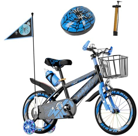 Habib Gruppe Kinderfahrrad Jungenfahrrad 14 Zoll ab 3 Jahre – mit LED Stützrädern, Korb, Klingel & GRATIS Helm & Pumpe, Vorderradbremse (Blau)