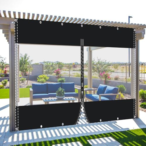 Telone impermeabile trasparente 2,6 x 5,5 m con occhielli e cerniera in PVC nero da 0,5 mm per padiglioni, balconi, giardini, serre, animali domestici, conigliere e tetti.