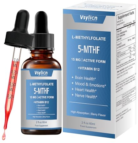 L Methyl Folate 15mg Plus Methyl B12 Cofactor 60ml – Berry Flavor, High Potency Liquid Sublingual Active 5-MTHF Form - Supports Mood, Methylation, Cognition – Bioactive Forms Vitamin B9 & B12