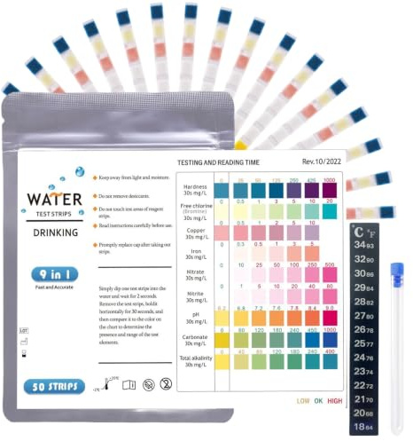 Xqzbmt 100-Pack 9 IN 1 Drinking Water Test Kit, Water Hardness test strips with pH, Hardness, Lead, Chlorine, Iron, Copper, Nitrate & More, Home Water Testing Kits for Drinking Water, Fish Tank, Pond