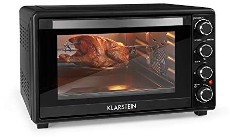 KLARSTEIN Masterchef 60 Mini Horno Electrico de sobremesa 60L, 2000W, 100-230°C, asador giratorio, función de circulación de aire, temporizador, puerta doble cristal, acero inoxidable, Negro