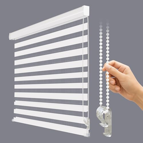 Corded Zebra Roller Blinds for Windows – Dual Layer Light Filtering Shades, Privacy Sheer Indoor Window Blinds for Bedroom & Living Room (34 W x 72 H, White)