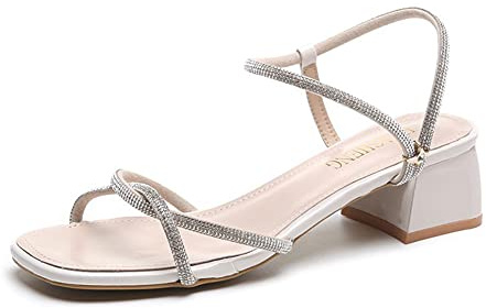 ERLINGO Sandalias de tacón de bloque medio para mujer, sandalias de fiesta con diamantes de imitación cruzados, zapatos de mujer, color Beige, talla 36.5 EU