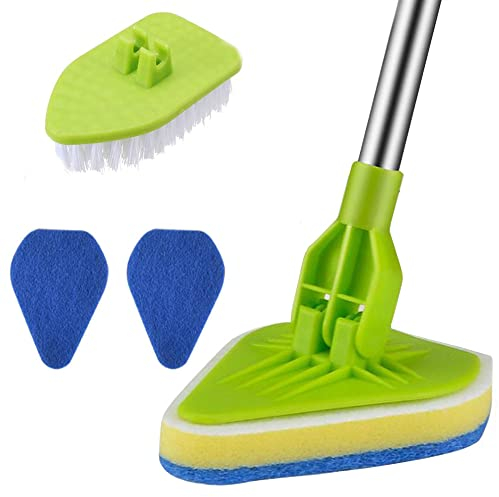 Cepillo de limpieza 2 en 1 con mango extensible de 37 pulgadas de largo, cepillo AIYoo para limpieza de pisos, 1 cerdas rígidas y 3 cepillos de esponja para limpiar azulejos de baño, limpiador