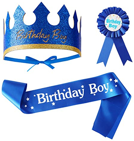 Nuolich Birthday King Crown Hat Birthday Boy Sash and Button Pin Party Decorations Accessories Blue