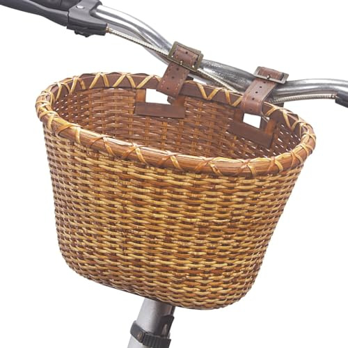 Livoccur Bike Basket - Cane Woven Handlebar Bicycle Storage with Adjustable Leather Straps and Buckles for Kids, Suitable for Small and Folding Bikes