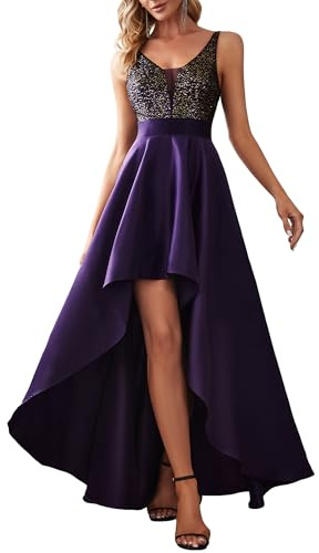 Ever-Pretty Women's V-Neck Prom Dresses A-line High-Low Evening Gowns Backless Sequin Formal Wedding Guest Dress Vestidos Elegantes De Mujer para Fiesta Dark Purple US08