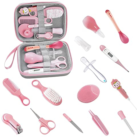 14 Teile Babypflege Neugeborene Set, RoseFlower Babypflege Zubehör, Baby Nail Kit Safety Cutter, Nasensauger, Babypflegeset für Neugeborene Geschenk, Badeset für Neugeborene - das Wichtigste, Rosa