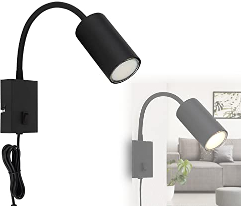 bmf-versand® Steckdosenlampe mit Schalter - Wandleuchte Innen Kinderzimmer mit Stecker und Kabel - Steckerleuchte Schwarze Wandlampe Schlafzimmer Steckdose - Leselampe Wandmontage Schwarz