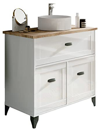 Muebles Pitarch | Meuble de salle de bain, largeur 80cm, avec pieds, tiroir à fermeture douce, 2 portes, pour lavabo à poser, Blanc et Chêne Cambrian, style Vintage, modèle Toscana