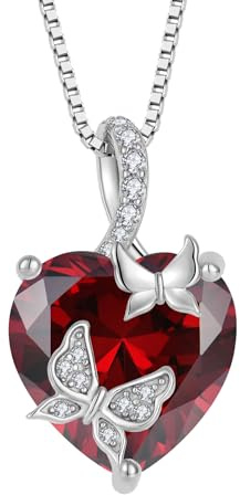 FJ Collier Papillon Coeur pour Femme Argent Sterling 925 Pendentif Pierre de Naissance Janvier Collier Grenat Bijoux Cadeaux pour Maman Épouse Femme Fille