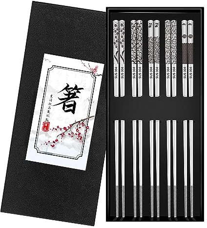 5 Paar Edelstahl Essstäbchen, Wiederverwendbar Essstäbchen Rutschfeste Essstäbchen Japanische Essstäbchen aus Metall Umweltfreundlich Personalisiert Chopsticks Geschenkset - Spülmaschinenfest