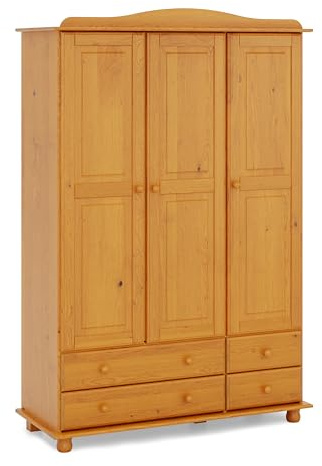 Moblit Armario Dormitorio Ropero 3 Puertas – Armario de Madera de Pino Macizo Natural con Barra y Estantes, Serie Canet, Gran Capacidad, Armario Dormitorio Moderno (197 cm Alto)