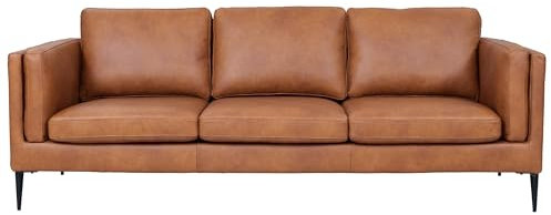 Furnhouse Valencia 3-Sitzer Ledersofa Cognac Braun – Hochwertiges Echtleder Sofa – Skandinavisches Design, Taschenfederkern, Metallfüße, Abnehmbares Sitzkissen, Modern & Elegant für Wohnzimmer