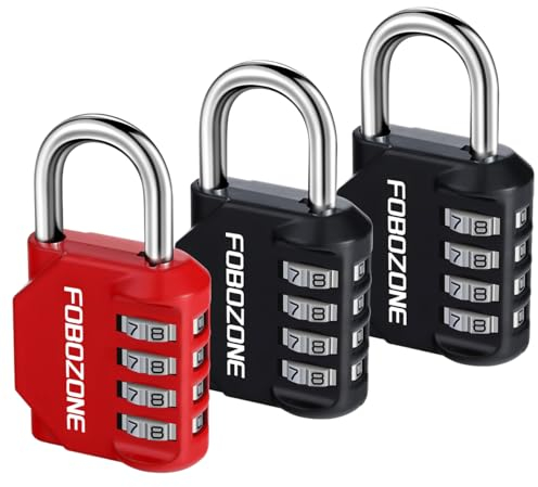 FOBOZONE Zahlenschlösser Vorhängeschloss, 4-stelliges wasserdichtes Vorhängeschloss mit zurücksetzbarem Code, für Turnhallenschließfach, Schrank, Schuppen, Haspel, Tor (Schwarz 2 & Rot 1)
