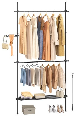 SONGMICS Teleskopstange Kleiderständer, 3-stufige Garderobe, höhen- und breitenverstellbar, offener Kleiderschrank mit 2 Kleiderstangen und Abnehmbarer Ablage, Greifarm, Mattschwarz HSR136B01