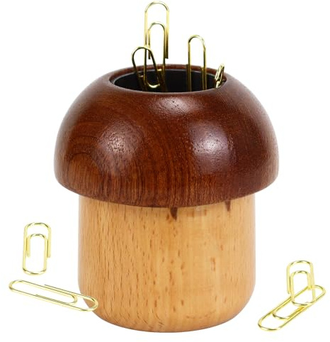 MultiBey Magnetic Mushroom Paper Clip Holder –Wooden Paperclip Holders for Desk with 100pcs 1.1in Gold Paperclips, Cute Paper Clip Dispenser for School,Home,Office