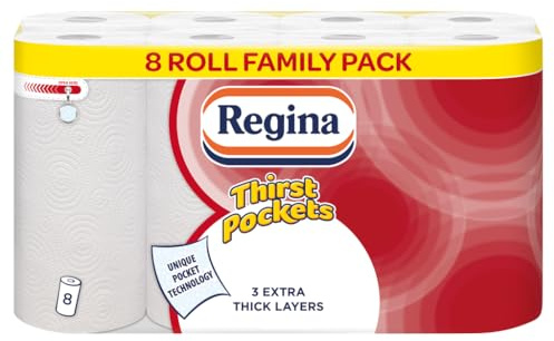 Regina Thirst Pockets Mini 3-Ply Kitchen Rolls | Highly Absorbent 8 Roll Pack for Spill Control | Durable, Textured Paper Towels for Efficient Kitchen Cleaning