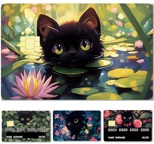 CREATCABIN 4 funda para Tarjeta de Crédito con Diseño de Gato Negro, con Diseño de Flores, Hojas Y Plantas, para Personalizar Tarjetas Bancarias, Envoltura Extraíble, Resistente Al Agua, Sin Burbujas,