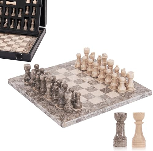 Marble Chess Set for Adults 10 Handmade Oceanic & Verona Board Game with 32 Chess Pieces, 2 Extra Queens & Storage Box, Luxury Travel Game, Elegant for Home Decor