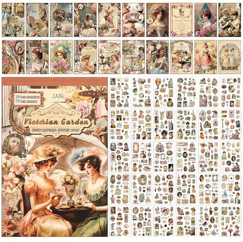 Vittoriano Scrapbook Sticker Libro Supplies, 450 Pre-Cut Washi Adesivi 20 Carta Scrapbook Vintage Persone Vittoriane Adesivi per Journaling Bottiglia Acqua Album, Telefono Caso, Laptop
