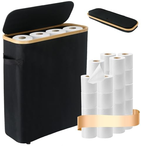 TEHEO 45L - Cesta de almacenamiento de papel higiénico con tapa, grande, color negro, resistente al agua, para 18 a 24 rollos, organizador de papel higiénico de bambú